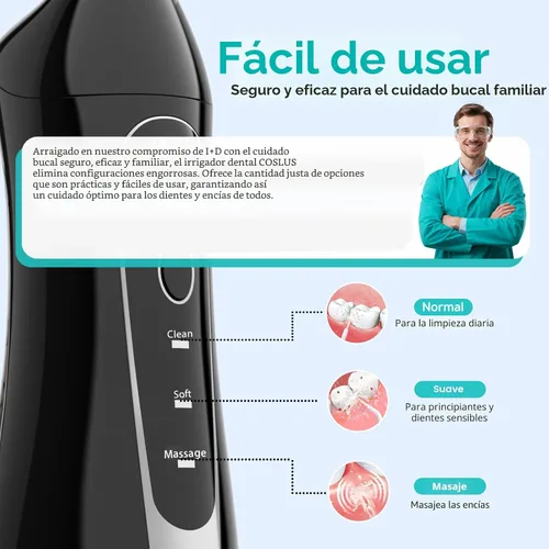 Vista 4 de COSLUS Hilo Dental de Agua: Irrigador Oral Portátil Inalámbrico 300ML Recargable Limpiador de Viaje IPX7 Impermeable Máquina de Hilo Dental