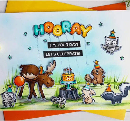 Vista 6 de Hooray Happy BIRTHAY - Juego de sellos y troqueles para hacer tarjetas, sellos transparentes y troqueles de corte de metal para álbumes de recortes