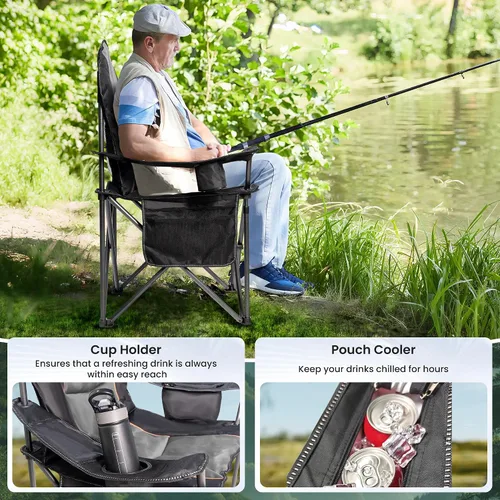 Vista 6 de Sillas plegables de camping para adultos, sillas de césped acolchadas con respaldo alto para exteriores con soporte lumbar y soporte para tazas