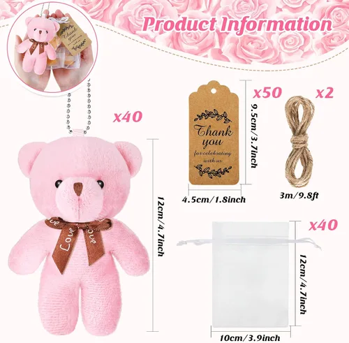 Vista 2 de Fumete 40 juegos de osos para baby shower de 4.7 pulgadas, osos pequeños a granel, osos de peluche, llavero pequeño, adornos colgantes con bolsa