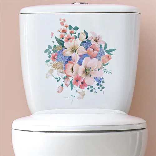 Vista 6 de Calcomanías de flores para tapa de asiento de inodoro, autoadhesivas, removibles, para la pared del baño, calcomanías para cubierta de tapa