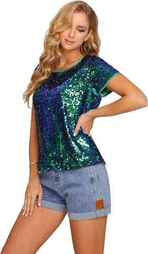 Vista 4 de Camiseta de manga corta con lentejuelas brillantes para mujer, cuello redondo y brillantina, para verano, discoteca, fiesta, túnica