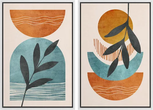 Vista 96 de IDEA4WALL Lienzo Enmarcado Impreso Arte de Pared Set Paisaje de Hojas de Palma de Selva de Mediados de Siglo Naturaleza Silvestre Ilustraciones Arte