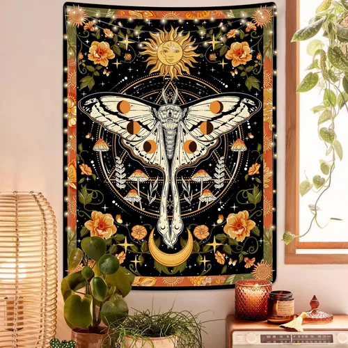Vista 13 de Aipon Tapiz bohemio de polilla vintage con flores florales, tapices estéticos retro de hongos para dormitorio, sol y luna, tapiz pequeño para colgar