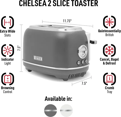 Vista 2 de Haden Chelsea - Tostadora de ranura ancha de 2 rebanadas con control de tostado ajustable, gris y cromado