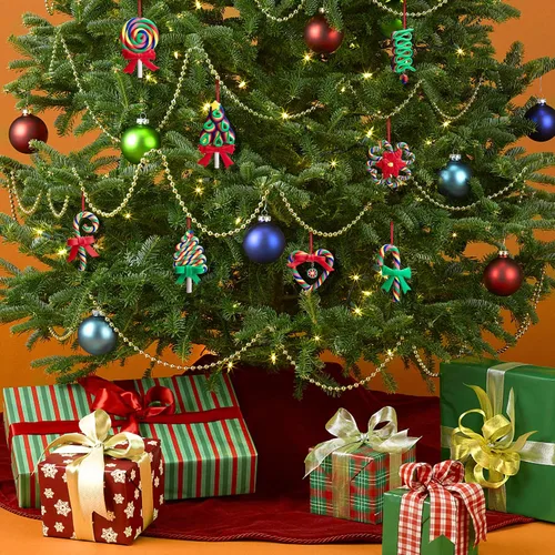 Vista 6 de Codree 8 piezas de adornos de piruleta de bastón de caramelo arcoíris - Adornos colgantes de arcilla polimérica para árbol de Navidad, fiesta