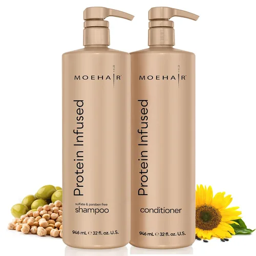 Vista 8 de MOEHAIR Juego de champú y acondicionador con infusión de proteínas para cabello seco y dañado, fortalece la fibra capilar, sin sulfatos ni