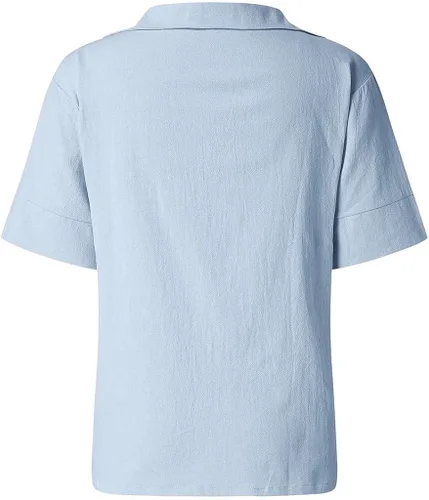 Vista 4 de Blusas de manga de codo con cuello en V y cuello en V para mujer, color liso, camisetas sueltas casuales de algodón y lino