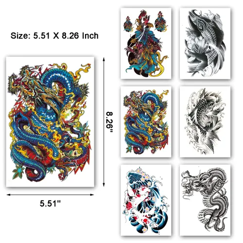 Vista 3 de Tatuajes temporales de manga de pez dragón, tatuajes temporales de dragón de pez falso, tatuajes de medio brazo y mangas de tatuaje extra grandes