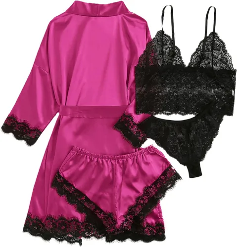 Vista 2 de WDIRARA - Conjunto de pijama de satén de seda para mujer, lencería de encaje floral, ropa de dormir con bata, 4piezas