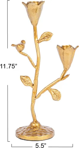 Vista 2 de Creative Co-Op - Candelabro alto de hierro fundido forjado a mano con flores y pájaro, dorado