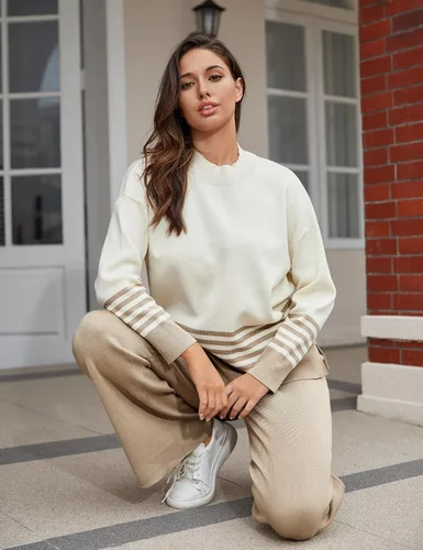 Vista 6 de Bianstore Conjunto de 2 piezas para mujer, suéter de punto de manga larga, pantalones de pierna ancha, conjunto de sudadera