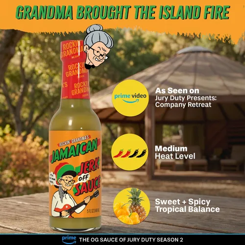 Vista 3 de Rockin' Grandma's Jamaican Jerk Sauce de Dave's Gourmet, 5 onzas líquidas - Destacado en Prime Video's Jury Duty: Company Retreat - Salsa picante