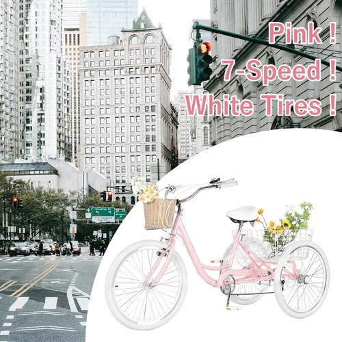 Vista 2 de Triciclos para adultos para adultos, triciclos para adultos de 7 velocidades, bicicleta de 3 ruedas de 20/24/26 pulgadas con canasta, bicicletas