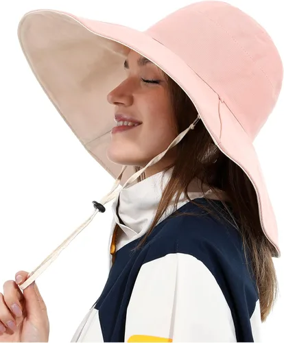 Vista 2 de Sombrero de pescador de algodón para mujer, reversible, de ala ultra ancha, plegable, protección UV, verano, viajes, UPF 50+ Rosa
