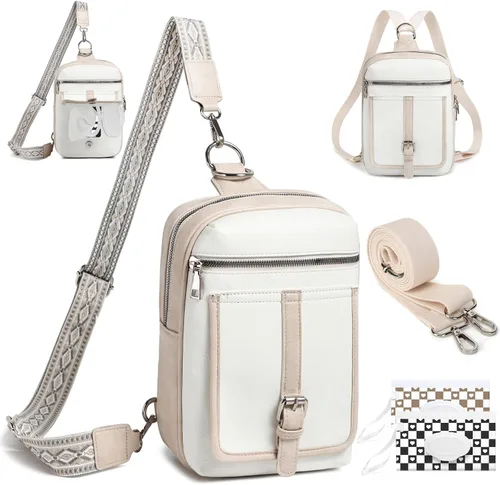Vista 19 de Bolso Bandolera Mochila Cruzada - 2 en 1 Bolso Cruzado de Cuero Riñonera con 2 Correas Extraíbles Mini diaper bag, Instant Wipes pocket