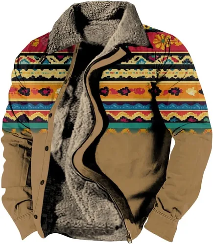 Vista 31 de LOAIHA Chaqueta de invierno para hombre, chaqueta azteca occidental para hombre, con cremallera, forro polar cálido, chaqueta vaquera, étnica vintage