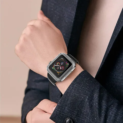 Vista 5 de Funda de dispositivo electrónico portátil para Apple Watch Series 9, 8, 7, 1.614 in, funda plateada brillante con diamantes de imitación de cristal