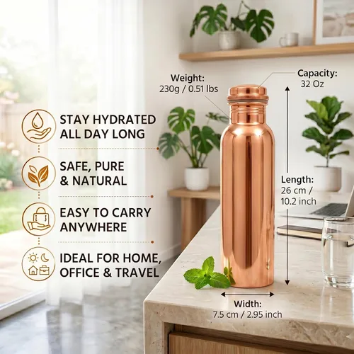Vista 4 de Botella de agua ayurvédica de cobre puro para la salud, a prueba de fugas, ideal para el hogar, oficina, gimnasio y yoga, 32 onzas de cobre