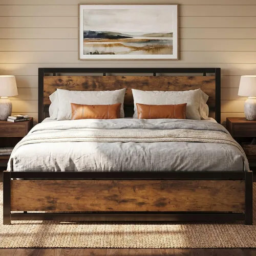 Vista 10 de LIKIMIO Base de cama tamaño King con cabecero y estribo Negro