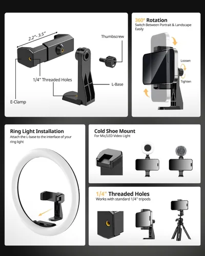 Vista 7 de UBeesize - Anillo de luz para selfie con trípode y soporte para teléfono celular para transmisión en vivo/maquillaje, mini luz LED para cámara