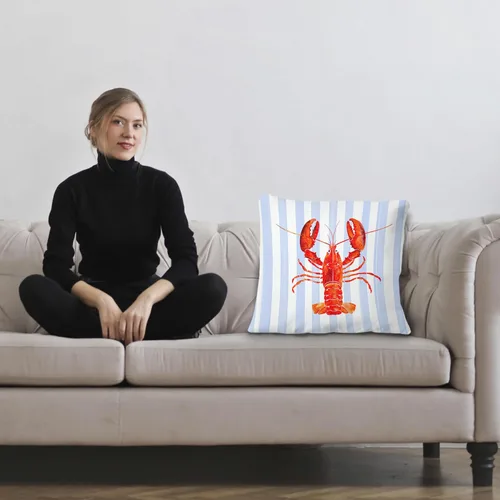 Vista 2 de Fundas de almohada costeras de langosta, fundas de almohada náuticas de langosta roja de Nueva Inglaterra con rayas azules y blancas para casa