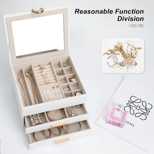 Vista 13 de Elegant Gift Jewelry Box with Mirror - 3-Layer Organizer for Earrings, Rings, Necklaces, Ready to Give for Birthday Anniversary Christmas Apricot