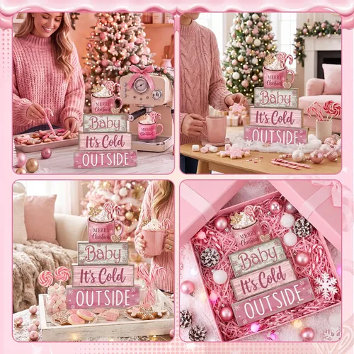 Vista 6 de Moucuny 4 piezas de decoración de mesa de Navidad rosa de chocolate caliente de cacao escalonado, decoración de bandeja escalonada, letrero