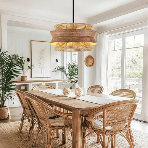 Vista 3 de Lámpara de araña de ratán tejida a mano de 19.7 pulgadas para comedor, lámpara bohemia de granja de 4 luces con textura de madera, lámpara colgante