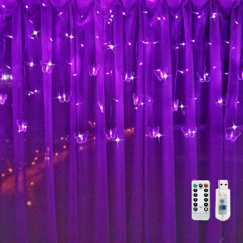 Vista 9 de Guirnalda de luces de cadena de hadas con cortina de mariposa, 120 LED, 8 modos, temporizador alimentado por USB, luz parpadeante de luciérnaga