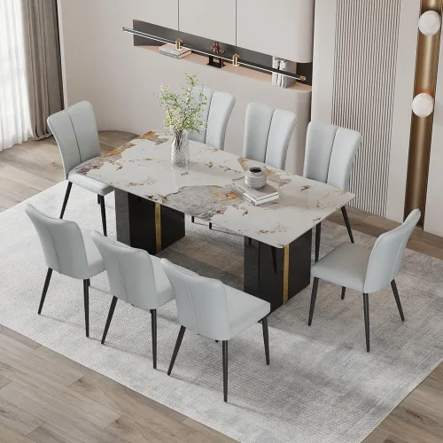 Vista 23 de Mesa de comedor moderna para mesa de comedor de mármol sintético blanco de 6, 8, 71 pulgadas, con patas negras y doradas, mesa de cocina rectangular