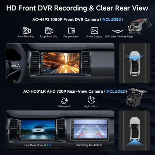Vista 4 de A5L 7" 2+32GB Android Auto Estéreo de Coche Doble DIN, Cámara de Respaldo LRV y Cámara Dash 1080P DVR, CarPlay/Android Auto Inalámbrico