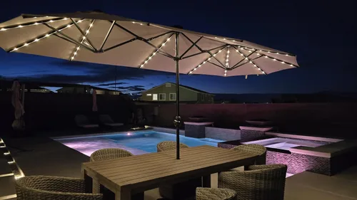 Vista 28 de PURPLE LEAF - Sombrilla de mercado de patio de 13 pies con base rectangular doble cara, sombrilla de mesa para exteriores con manivela, 12 varillas