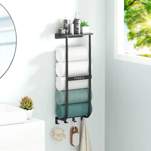 Vista 5 de Toallero para baño, toallero de pared de metal negro con estante y 4 ganchos, organizador de almacenamiento de toallas de baño