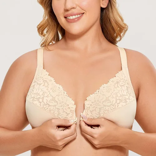 Vista 4 de DELIMIRA - Brasier con cierre frontal, cobertura total, aros de encaje y espalda cruzada en talla extragrande para mujer