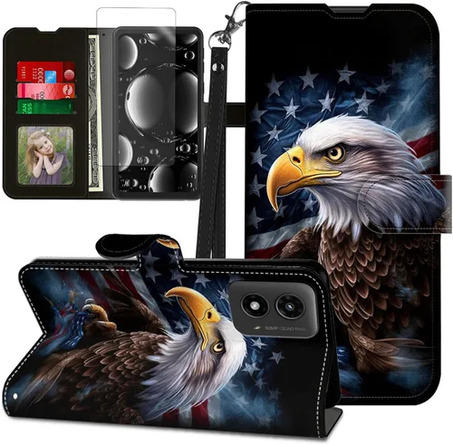 Vista 270 de Funda para Motorola Edge 2022 con protector de pantalla, soporte y tarjetero y correa para la muñeca, funda magnética para Moto Edge 2022 5G UW Lobo