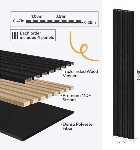 Vista 4 de Olanglab Paquete de 4 paneles de pared de listones de madera, paneles de pared acústicos de madera, 94.5"x12.6" pulgadas, cada uno de los paneles