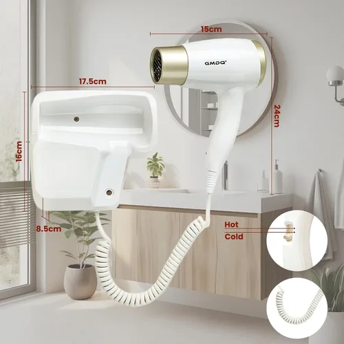 Vista 4 de Secador de pelo montado en la pared para baño, secador profesional de 110 V con motor de secado rápido, secador de pelo resistente para montaje
