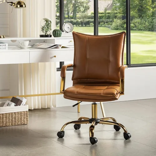 Vista 14 de HULALA HOME Silla de escritorio de piel sintética para oficina en casa, silla giratoria ajustable para computadora con patas y brazos dorados, silla