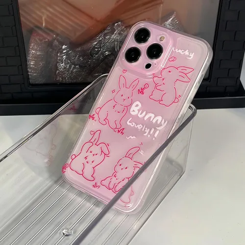 Vista 2 de Funda de teléfono para iPhone 13 Pro Max, funda de dibujos animados de conejo rosa transparente en 3D para mujeres y niñas