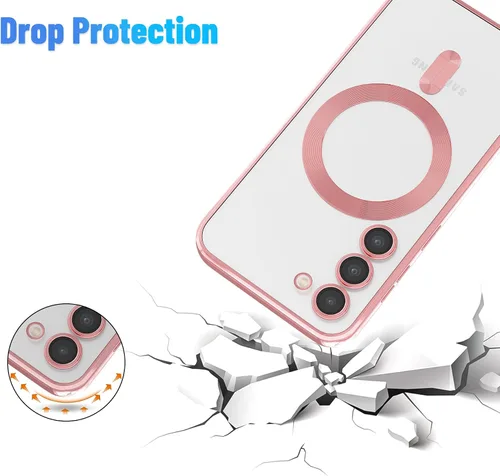 Vista 5 de Funda magnética para Samsung Galaxy S23, borde galvanizado, parte trasera transparente, funda protectora delgada con protección de cámara, Rosa