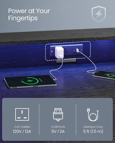 Vista 5 de VASAGLE ULWD092B56 - Escritorio LED para juegos con tomas de corriente, escritorio de computadora con puertos USB, escritorio de oficina con soporte