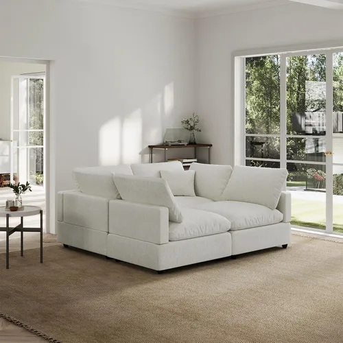 Vista 25 de Sofá seccional moderno de lino en forma de L para sala de estar, sofás modulares con relleno de plumón, fundas de cojín de sofá desmontables, sofá