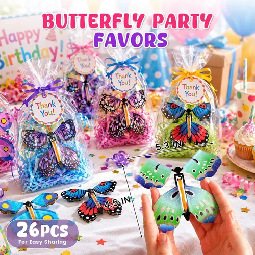 Vista 4 de MCPINKY 26 juguetes mágicos de mariposa voladora, juguete de mariposa de cuerda de hada, juguetes voladores en el libro, caja de explosión sorpresa