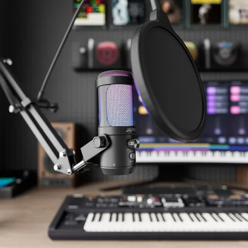 Vista 9 de JARO Micrófono USB para podcast con brazo de brazo, micrófono de condensador de estudio con monitoreo en tiempo real, silencio, control de volumen
