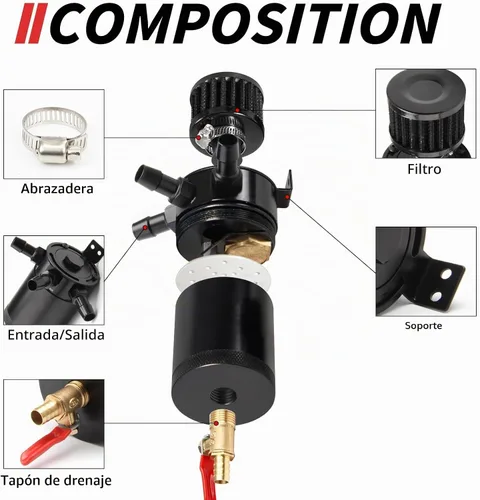 Vista 4 de Kit universal de tanque de reserva de aceite para coche de 150ml, compacto deflector de 3 puertos separador de aceite 2 entradas 1 salida negro