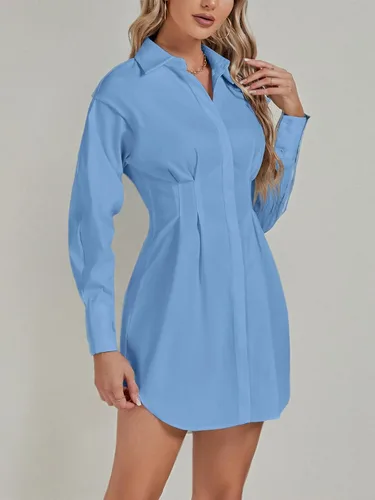 Vista 7 de LYANER Minivestido camisero acampanado de manga larga plisada con botones y cuello para mujer