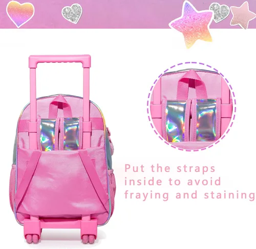 Vista 6 de HTgroce Mochila con ruedas para niñas, mochila escolar con ruedas, bolsa escolar con bolsa de almuerzo y bolsa para lápices, mochila con ruedas