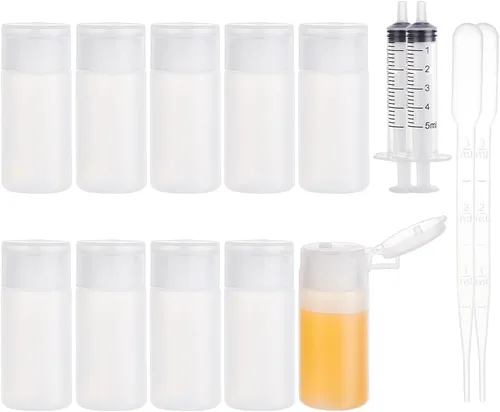 Vista 7 de BENECREAT 10 botellas de 12 ml/18 ml/30 ml de plástico para artículos de aseo de viaje, botellas con tapa abatible, recipientes de muestra