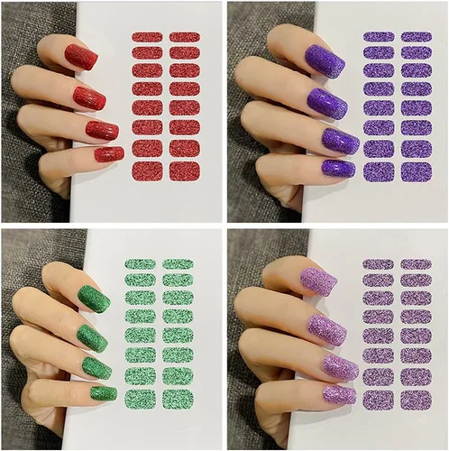 Vista 3 de 12 hojas de esmalte de uñas con purpurina, tiras de esmalte de uñas de color sólido, calcomanías de esmalte de uñas de envoltura completa